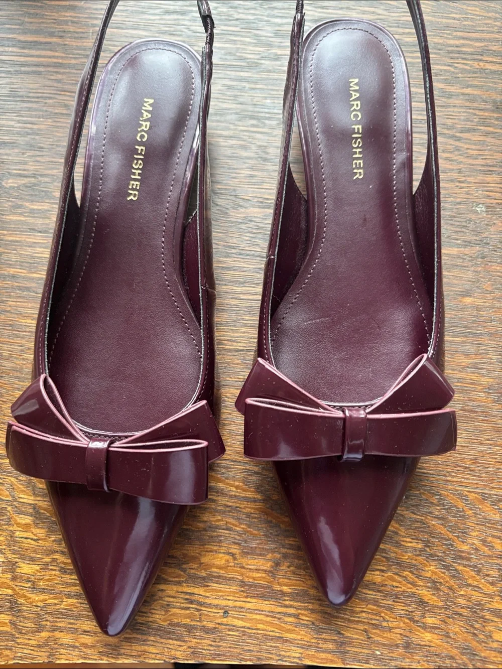Marc Fisher Patent Slingback Flats in Burgundy with Bow Accent like new